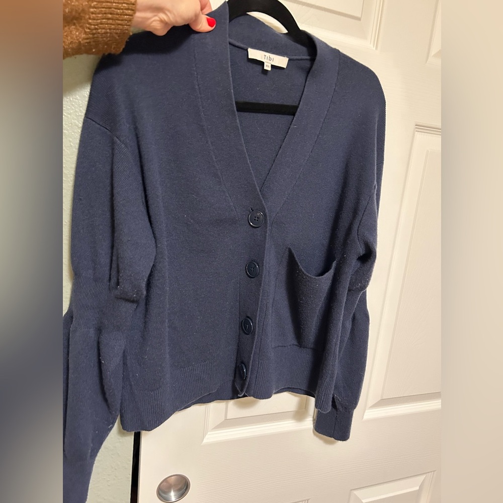 Tibi Wool Blend Balloon Sleeve Navy Cardigan